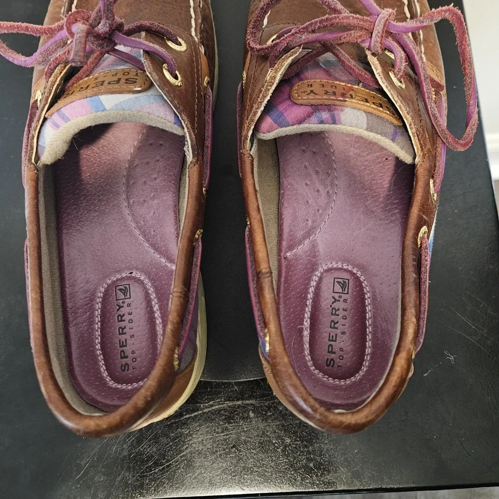 Sperry Top-Sider Brown/Pink Plaid Bluefish Leather Boat Shoe Womens - Size 8M
